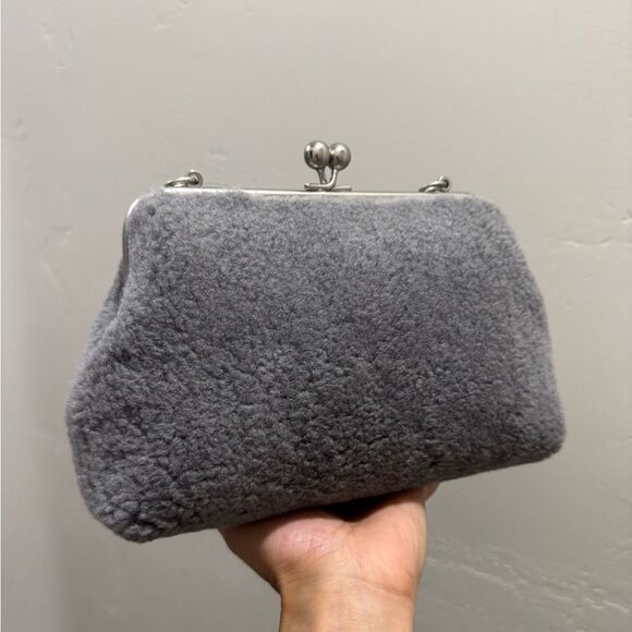 Gray Real Shearling Leather Handmade Kisslock Clutch Shoulder Bag, Crossbody - Picture 9 of 14